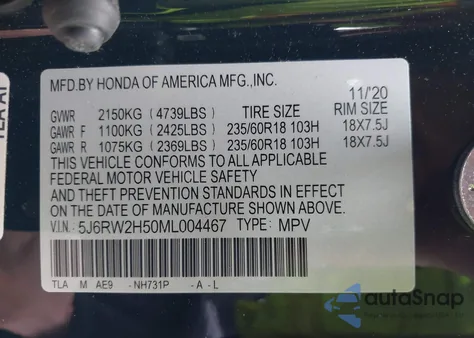 2021 Honda Cr-V Awd Ex z USA, uszkodzony, nr VIN 5J6RW2H50ML004467